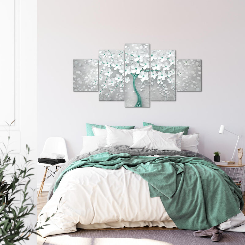 Runa Art - Bilder Blumen 200 x 100 cm 5 Teilig XXL Wanddekoration Design Weiss Türkis 039751b