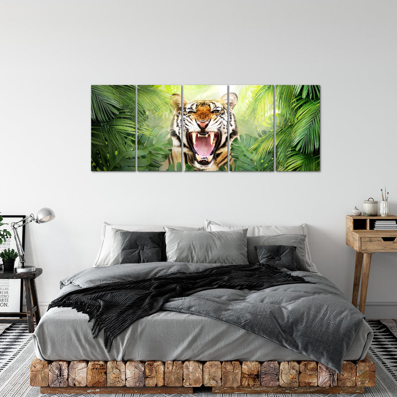 Runa Art Wandbild XXL Tieger Abstrakt Wohnzimmer Schlafzimmer 200 x 80 cm Grün Orange 5 Teilig - Made in Germany - 037555a