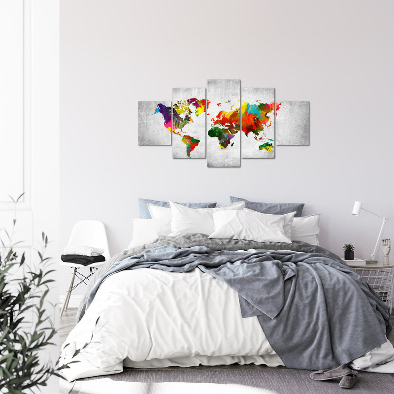 Runa Art Bild Büro Wohnzimmer Weltkarte 5 Teilig Landkarte Beton Bunt Wandbilder auf Vlies Leinwand 105153c