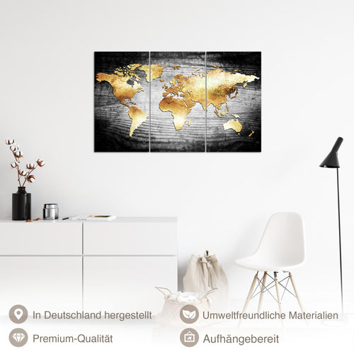 Runa Art Wandbilder Weltkarte Bild XXL Wohnzimmer Schlafzimmer Büro Weltkarte Gold 40 x 80 cm - 3 Bilder 3 Teilig 057631a