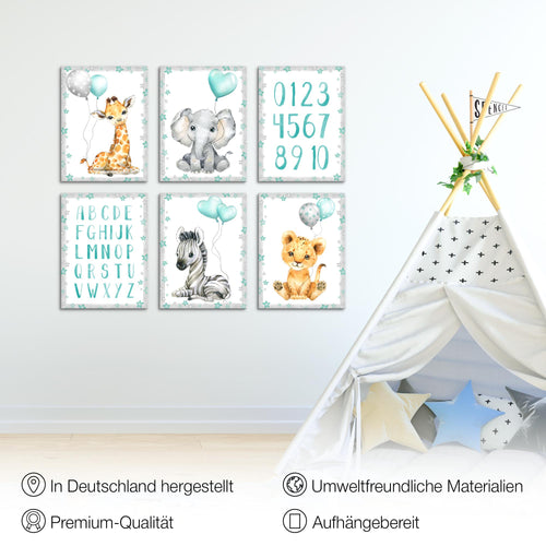 Novart Wandbilder - KEIN EXTRA RAHMEN BENÖTIGT - Kinderzimmer Mädchen Junge - Bilder Modern Tiere - Afrika Blau - N016665b