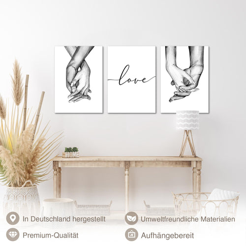 Novart Bilder Set Love - KEIN EXTRA RAHMEN BENÖTIGT - Wandbilder für Wohnzimmer Schlafzimmer Büro - 3 Teilig Deko Hände - N037336a