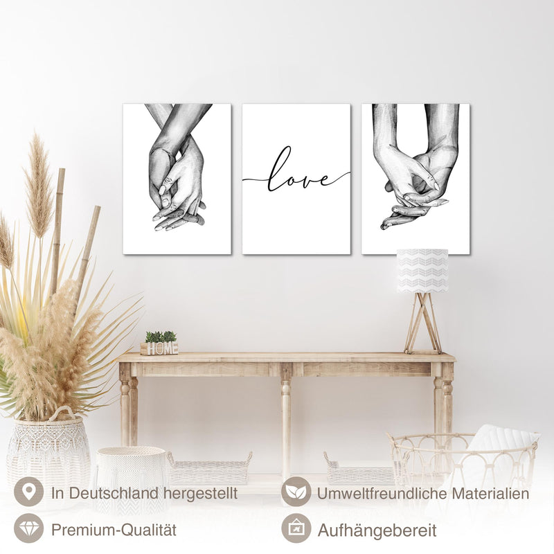 Novart Bilder Set Love - KEIN EXTRA RAHMEN BENÖTIGT - Wandbilder für Wohnzimmer Schlafzimmer Büro - 3 Teilig Deko Hände - N037336a