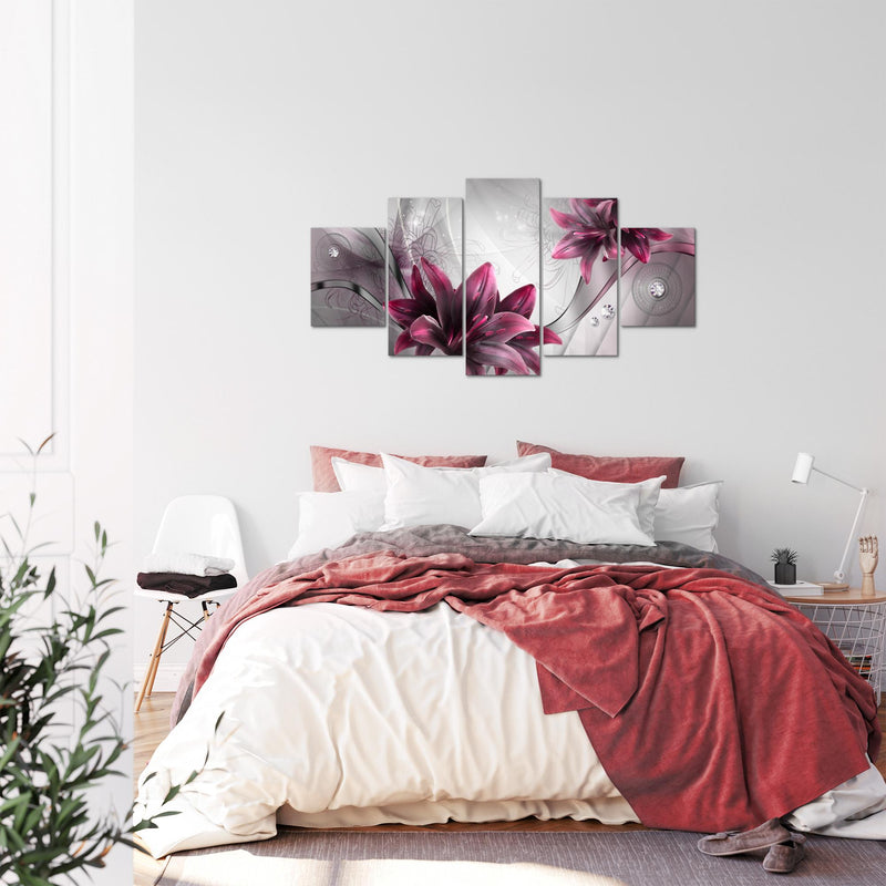 Runa Art Bild Wohnzimmer Schlafzimmer Blumen Lilien 5 Teilig Abstrakt Grau Rot Wandbilder auf Vlies Leinwand 036853a