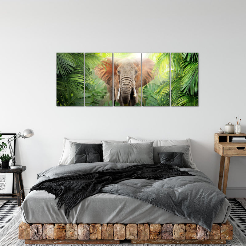 Runa Art Wandbild XXL Elefant Abstrakt Wohnzimmer Schlafzimmer 200 x 80 cm Grün 5 Teilig - Made in Germany - 037555b