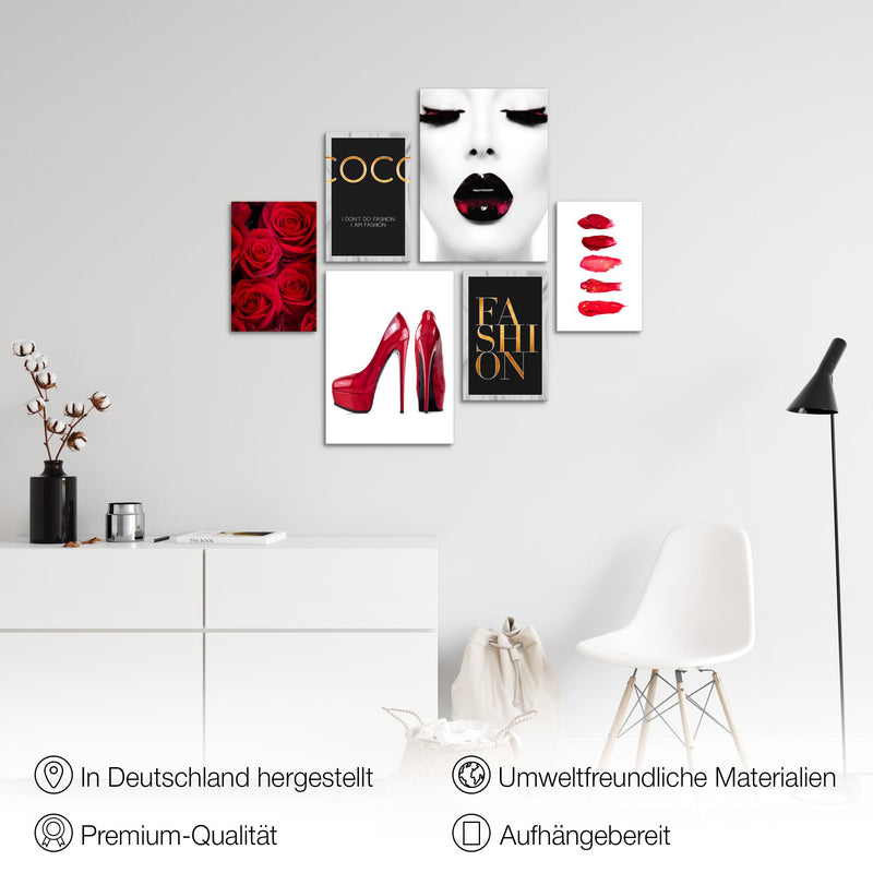 Novart Wandbilder Set Fashion Schwarz Weiss - KEIN EXTRA RAHMEN BENÖTIGT -  Modern Deko  - Wohnzimmer Mädchen Teenager N002263a