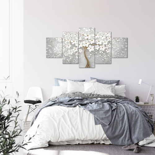Runa Art - Bilder Blumen 200 x 100 cm 5 Teilig XXL Wanddekoration Design Weiss Gold 039751a