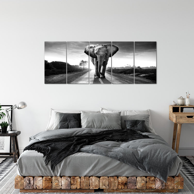 Runa Art Wandbild XXL Afrika Elefant Wohnzimmer Schlafzimmer 200 x 80 cm Schwarz Weiss 5 Teilig - Made in Germany - 042655c