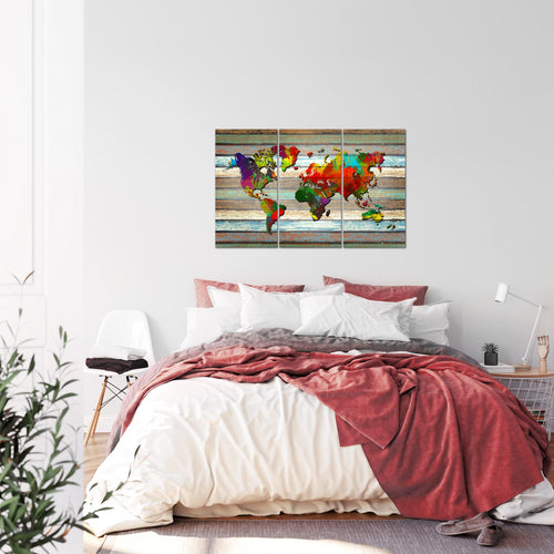 Runa Art Wandbilder Weltkarte Bild XXL Büro Wohnzimmer Bunt Vintage Holz 120 x 80 cm 3 Teilig 105431a