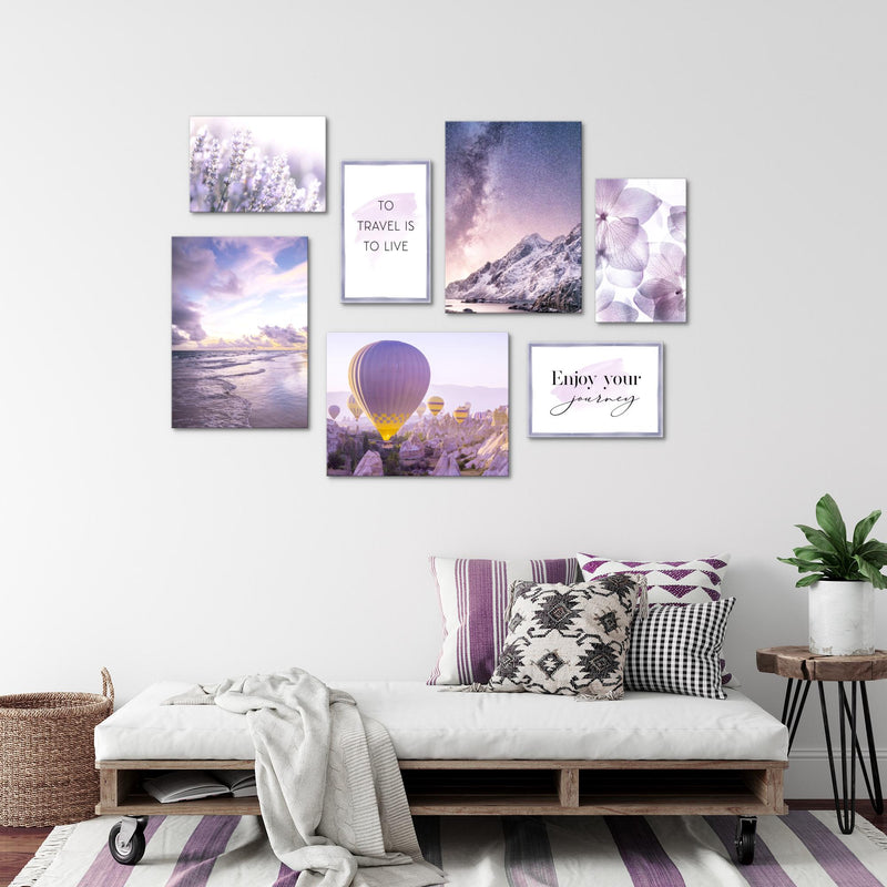 Novart Wandbilder Natur Blumen - KOMPLETT AUFHÄNGFERTIG - Violett Lila Rosa Wohnzimmer Schlafzimmer - 7 Moderne Mood-Bilder - N006471a