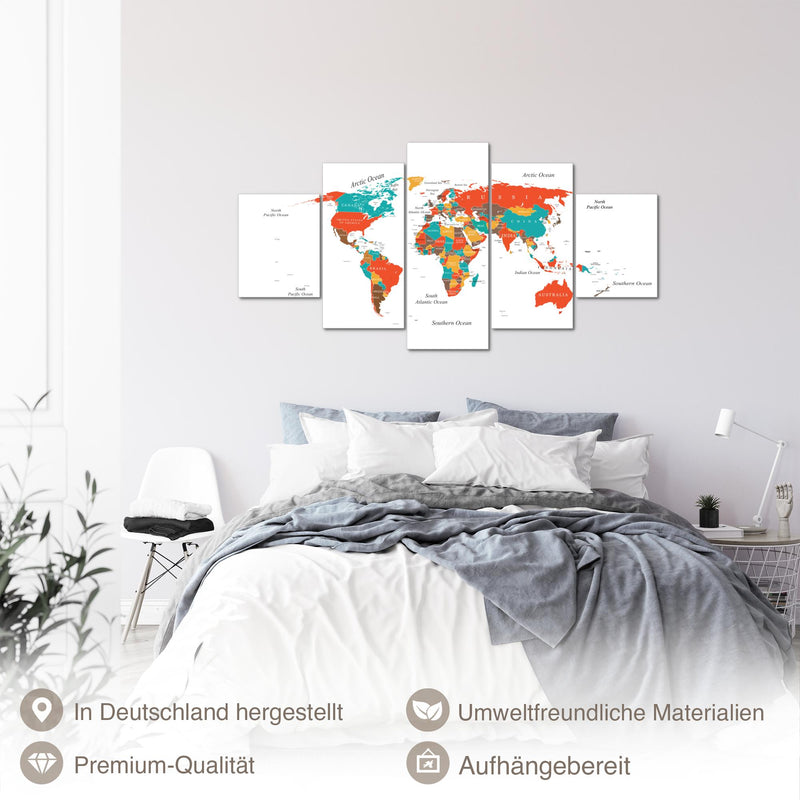 Runa Art - Bilder Weltkarte 200L x 100B cm 5 Teilig XXL Wanddekoration Design Weltkarte Türkis Orange 057251a