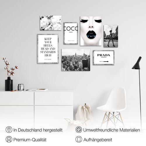 Novart Wandbilder Coco - KOMPLETT AUFHÄNGFERTIG - Fashion Wohnzimmer Mädchen Teenager - 7 Moderne Mood-Bilder - N016371a