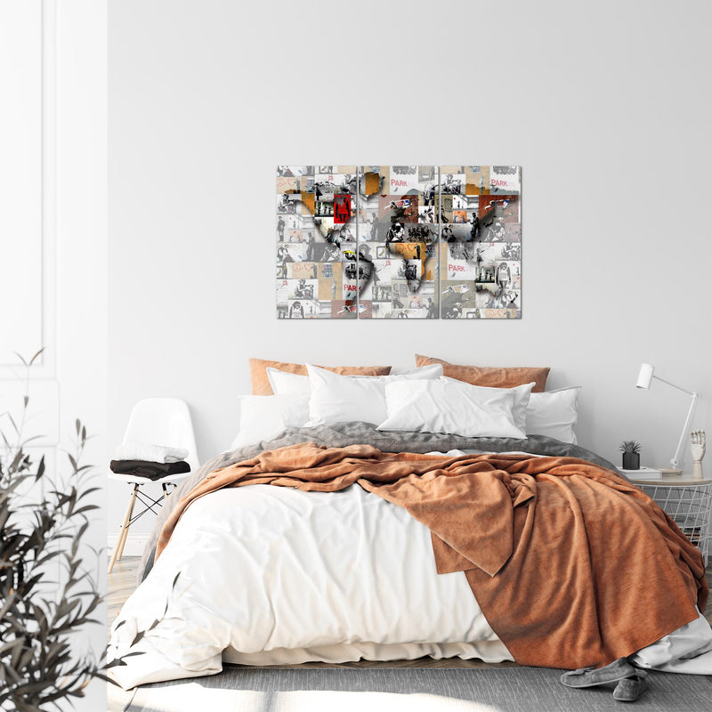 Runa Art Wandbilder Weltkarte Banksy Collage Bild XXL Loft Wohnzimmer Rosa Pop Art 120 x 80 cm 3 Teilig 104531b