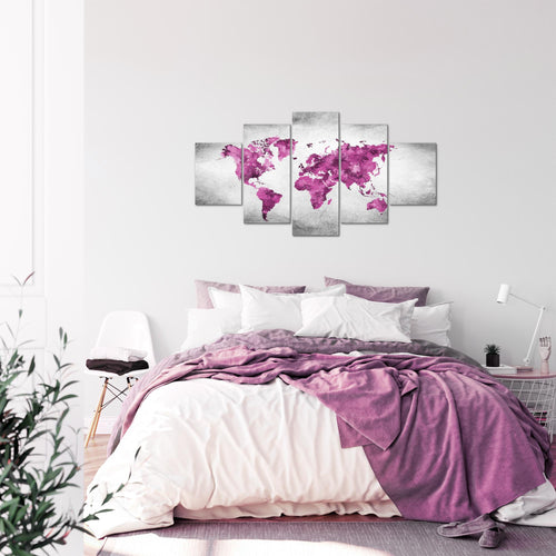 Runa Art Bild Büro Wohnzimmer Weltkarte 5 Teilig Vintage Rosa Grau Wandbilder auf Vlies Leinwand 013353c