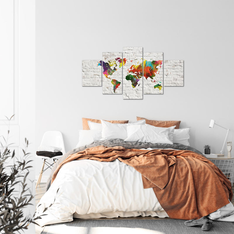 Runa Art Bild Büro Wohnzimmer Weltkarte 5 Teilig Steinwand Grau Bunt Wandbilder auf Vlies Leinwand 106953b