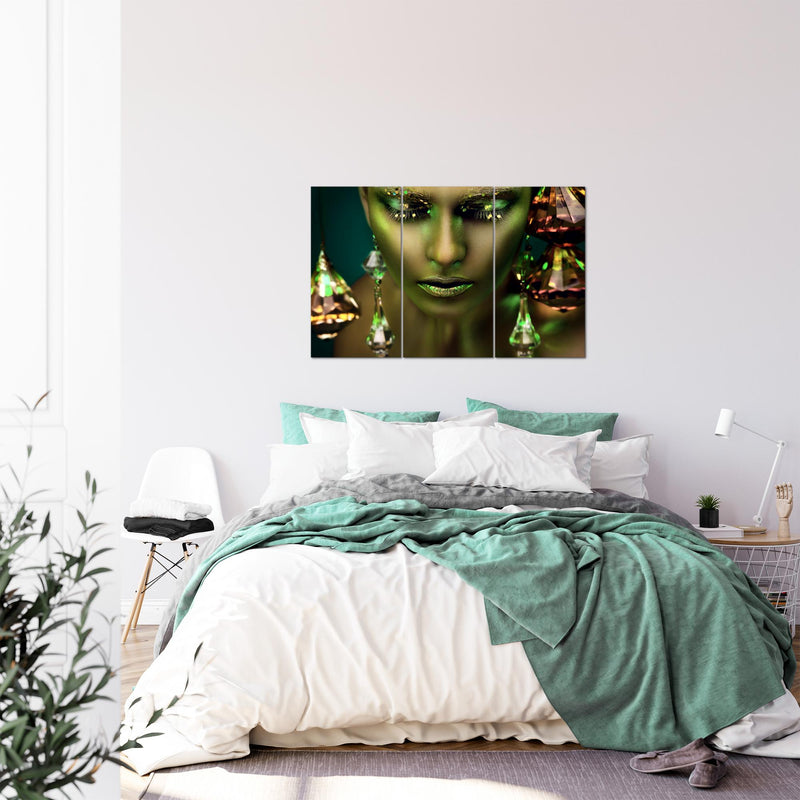 Runa Art Wandbilder Frau Gesicht Lippen Bild XXL Wohnzimmer Schlafzimmer Grün Gold Kosmetik Fashion 120 x 80 cm 3 Teilig 042131b