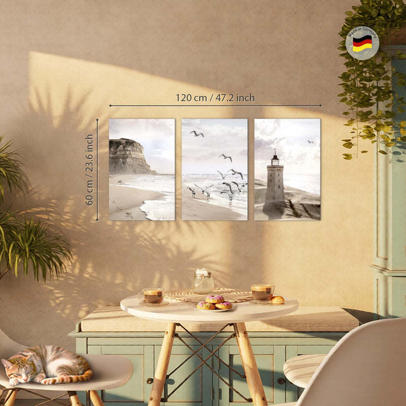 Novart Bilder Set Landschaft - KEIN EXTRA RAHMEN BENÖTIGT - Wandbilder für Wohnzimmer Schlafzimmer Büro - 3 Teilig Deko Küste - N040236b