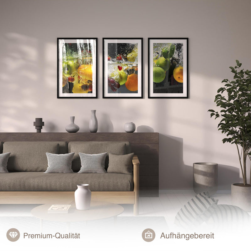 Novart Wandbilder mit Rahmen Früchte - Küche Wanddeko - 3 Bilder Set 128x60 cm Grün - N100536aR2