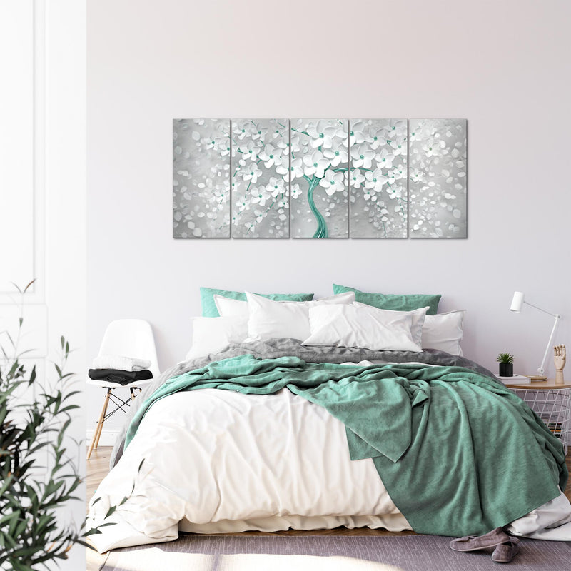 Runa Art Wandbild XXL Blumen Wohnzimmer Schlafzimmer 200 x 80 cm Weiss Türkis 5 Teilig - Made in Germany - 039755b