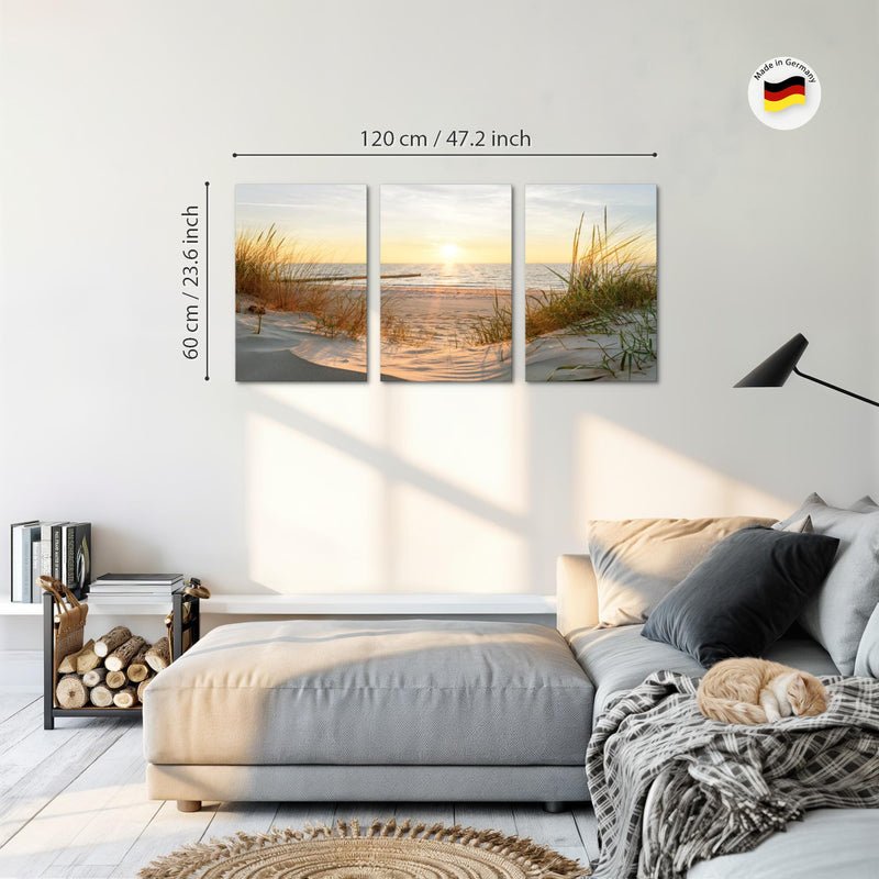 Novart Bilder Set Landschaft - KEIN EXTRA RAHMEN BENÖTIGT - Wandbilder für Wohnzimmer Schlafzimmer Büro - 3 Teilig Deko Strandweg - N034736a