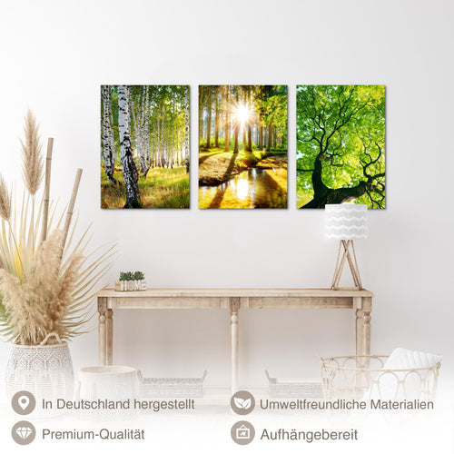 Novart Bilder Set Landschaft - KEIN EXTRA RAHMEN BENÖTIGT - Wandbilder für Wohnzimmer Schlafzimmer Büro - 3 Teilig Deko Waldweg - N036636a