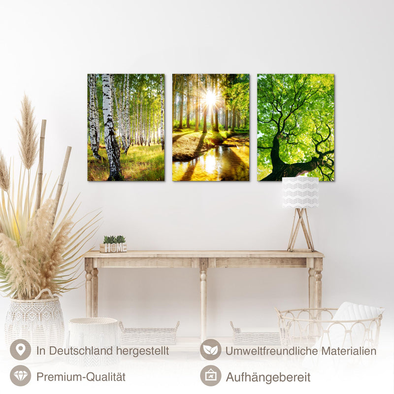 Novart Bilder Set Landschaft - KEIN EXTRA RAHMEN BENÖTIGT - Wandbilder für Wohnzimmer Schlafzimmer Büro - 3 Teilig Deko Waldweg - N036636a