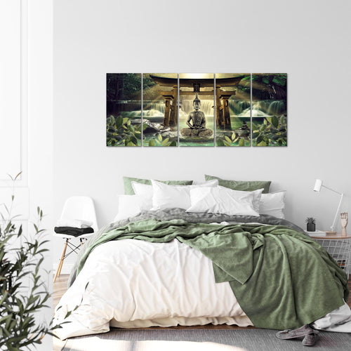 Runa Art Wandbild XXL Feng Shui Buddha Wohnzimmer Schlafzimmer 200 x 80 cm Grün Braun 5 Teilig - Made in Germany - 036455a