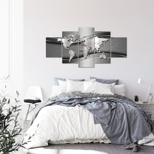 Runa Art - Bilder Weltkarte 200 x 100 cm 5 Teilig XXL Wanddekoration Design Silber 107251b