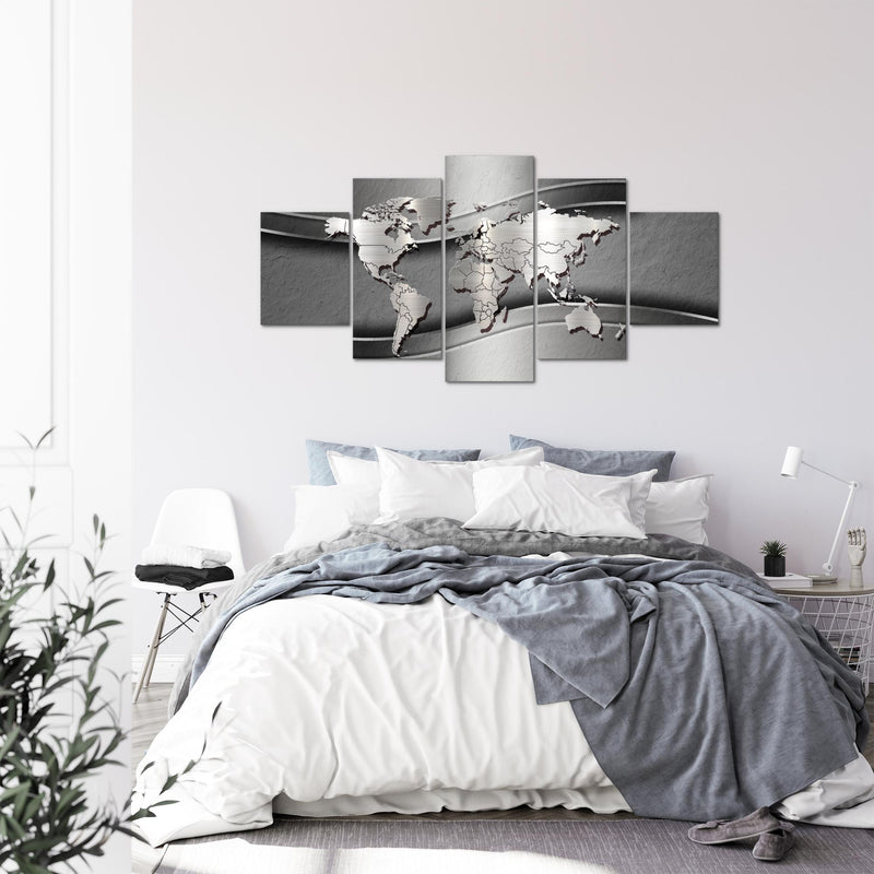 Runa Art - Bilder Weltkarte 200 x 100 cm 5 Teilig XXL Wanddekoration Design Silber 107251b