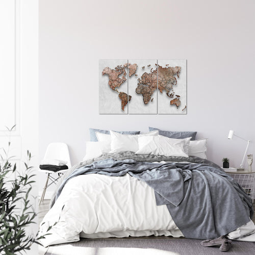 Runa Art Wandbilder Weltkarte 3D Effekt Bild XXL Büro Wohnzimmer Grau Braun Kontinente 120 x 80 cm 3 Teilig 107731c