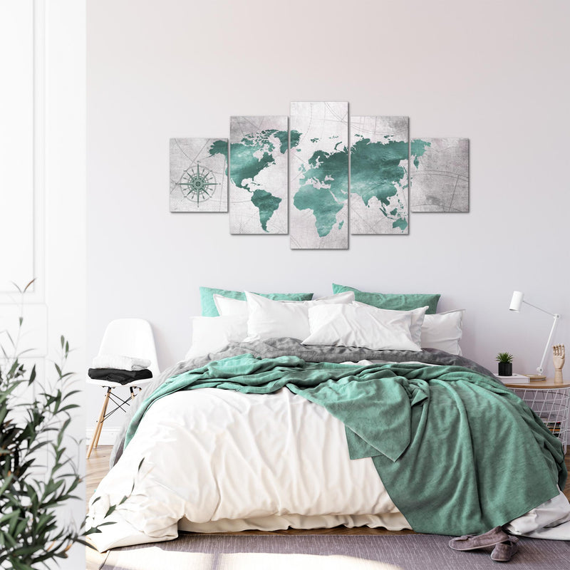 Runa Art - Bilder Weltkarte 200 x 100 cm 5 Teilig XXL Wanddekoration Design Grün Grau 026051c
