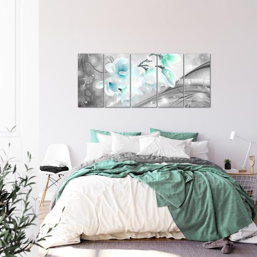 Runa Art Wandbild XXL Blumen Abstrakt Wohnzimmer Schlafzimmer 200 x 80 cm Grau Türkis 5 Teilig - Made in Germany - 035355c