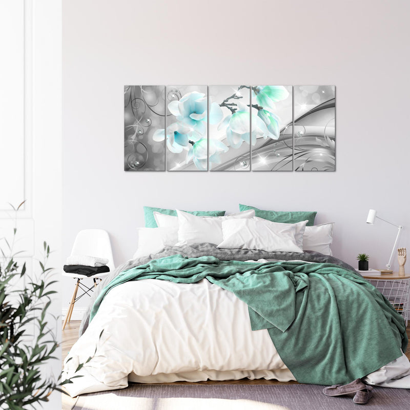Runa Art Wandbild XXL Blumen Abstrakt Wohnzimmer Schlafzimmer 200 x 80 cm Grau Türkis 5 Teilig - Made in Germany - 035355c