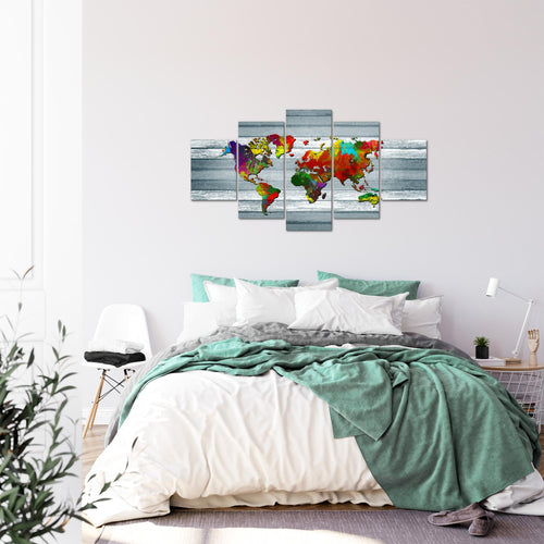 Runa Art Bild Büro Wohnzimmer Weltkarte 5 Teilig Kontinente Holz Bunt Wandbilder auf Vlies Leinwand 105453c