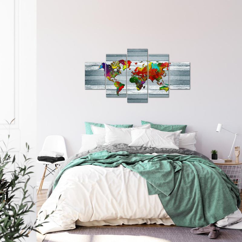 Runa Art Bild Büro Wohnzimmer Weltkarte 5 Teilig Kontinente Holz Bunt Wandbilder auf Vlies Leinwand 105453c
