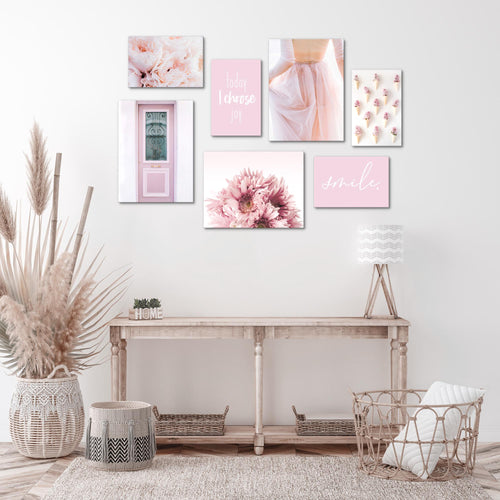 Novart Wandbilder Fashion - KOMPLETT AUFHÄNGFERTIG - Rosa Wohnzimmer Mädchen Teenager - 7 Moderne Mood-Bilder - N008471a