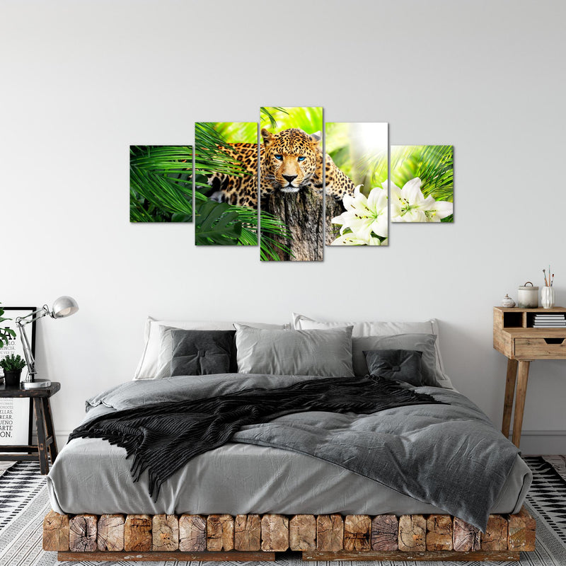 Runa Art - Bilder Afrika Leopard 200 x 100 cm 5 Teilig XXL Wanddekoration Design Grün 006751b