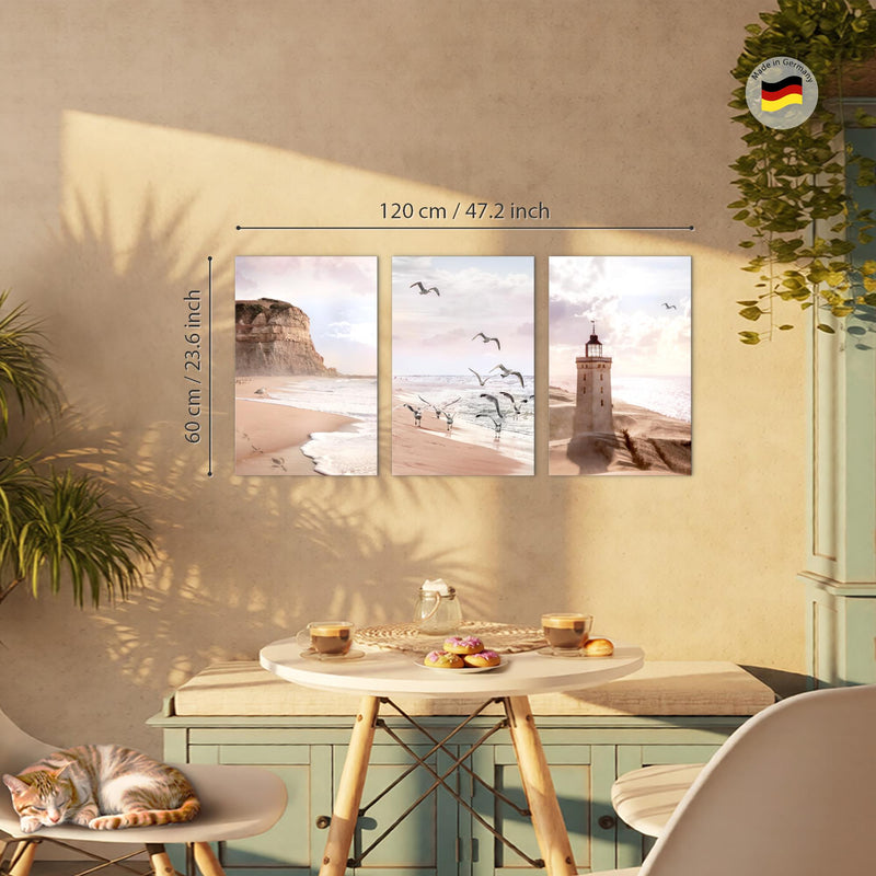 Novart Bilder Set Landschaft - KEIN EXTRA RAHMEN BENÖTIGT - Wandbilder für Wohnzimmer Schlafzimmer Büro - 3 Teilig Deko Küste - N040236a