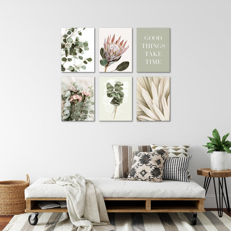 Novart Wandbilder - KEIN EXTRA RAHMEN BENÖTIGT - Wohnzimmer Schlafzimmer - Bilder Modern Grün Blätter - Boho Beige - N023065a