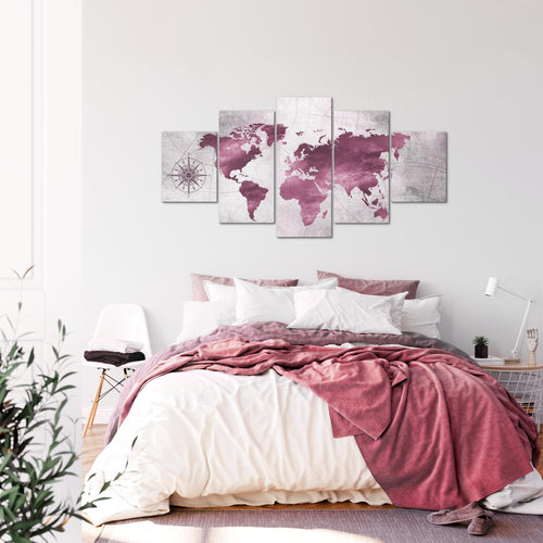 Runa Art - Bilder Weltkarte 200 x 100 cm 5 Teilig XXL Wanddekoration Design Pink 026051b