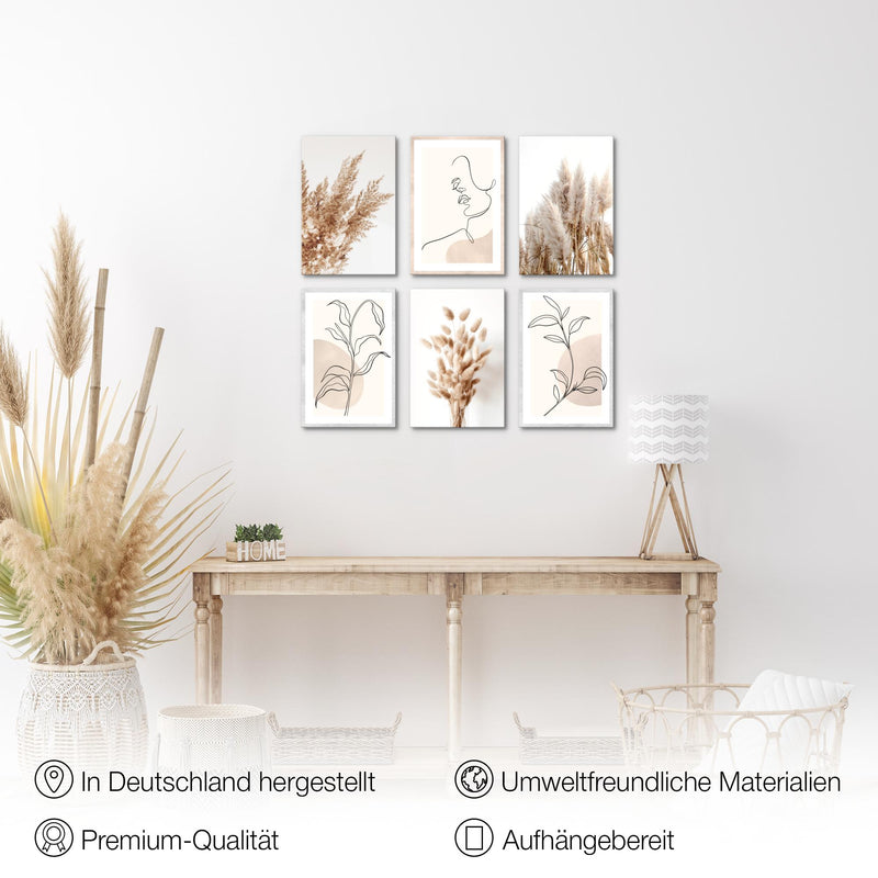 Novart Wandbilder Set Boho Pampasgras - KOMPLETT AUFHÄNGFERTIG - Made in Germany - Moderne Bilder  Wohnzimmer Schlafzimmer - N022164a