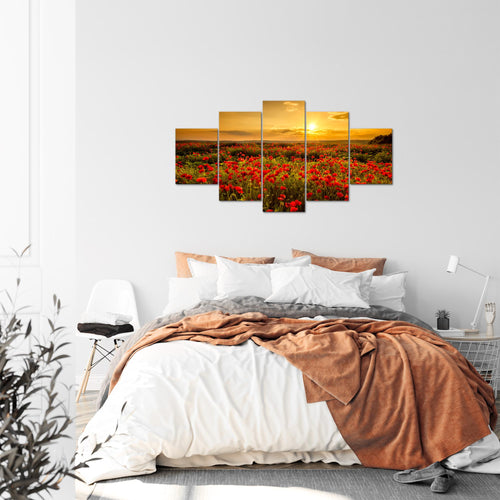 Runa Art Bild Wohnzimmer Schlafzimmer Mohnblumen 5 Teilig Blumenwiese Sonnenutergang Rot Wandbilder auf Vlies Leinwand 043953a