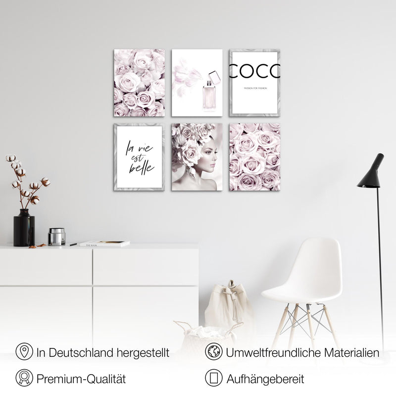 Novart Wandbilder - KEIN EXTRA RAHMEN BENÖTIGT - Wohnzimmer Mädchen Teenager - Bilder Modern Coco Fashion - Grau Rosa - N000765a
