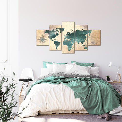 Runa Art - Bilder Weltkarte 200 x 100 cm 5 Teilig XXL Wanddekoration Design Grün braun 026051a