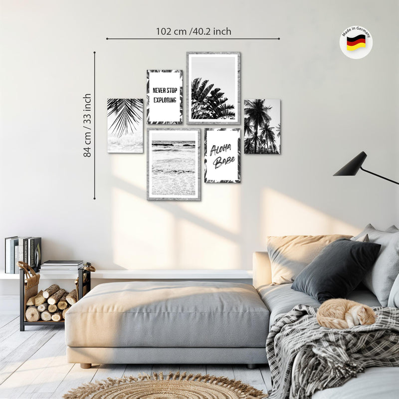 Novart Wandbilder Set Palmen Schwarz Weiss - KEIN EXTRA RAHMEN BENÖTIGT -  Modern Deko  - Wohnzimmer Schlafzimmer N013963a