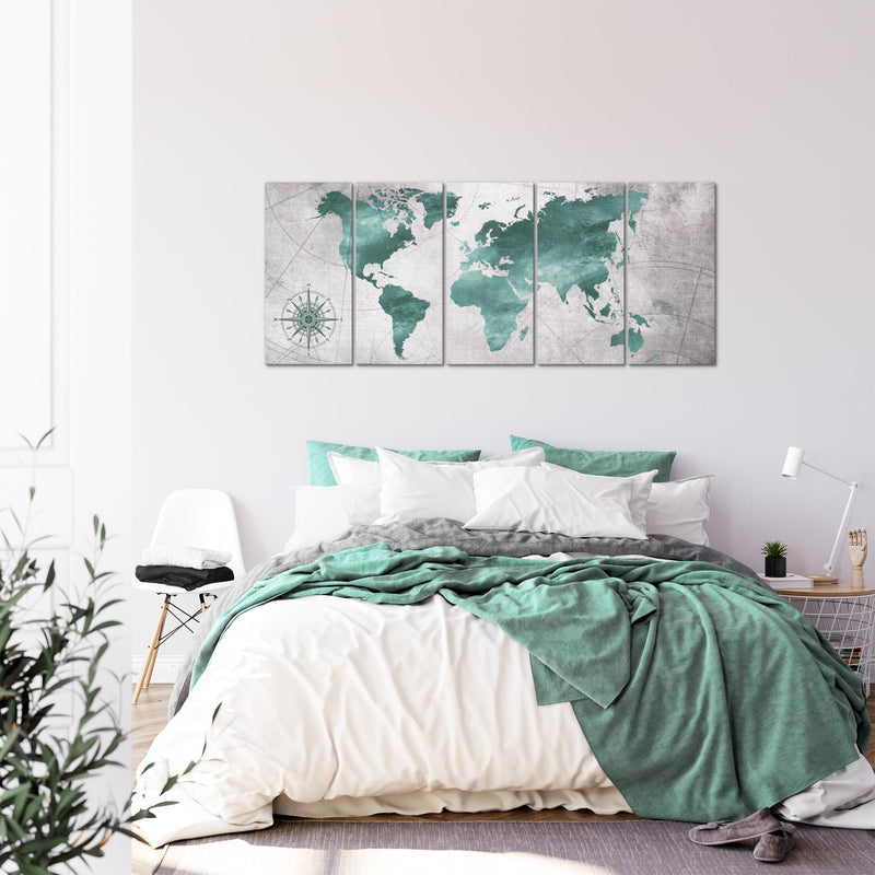 Runa Art Wandbild XXL Weltkarte Büro Wohnzimmer 200 x 80 cm Grün Grau 5 Teilig - Made in Germany - 026055c