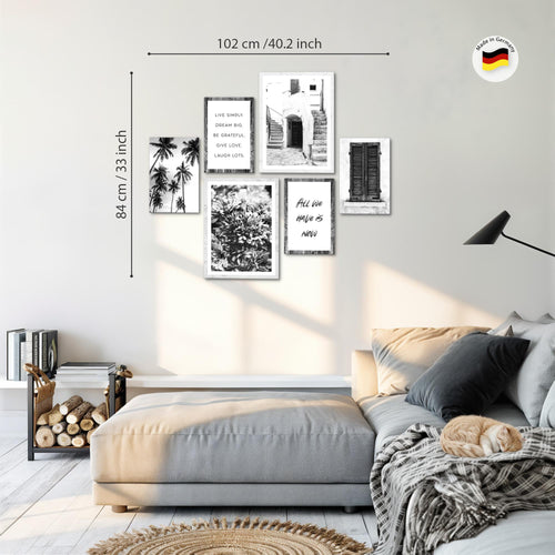 Novart Wandbilder Set Alte Stadt Palmen Schwarz Weiss - KEIN EXTRA RAHMEN BENÖTIGT -  Modern Deko  - Wohnzimmer Schlafzimmer N015063a