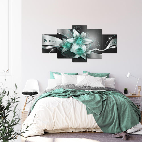 Runa Art - Bilder Blumen Lilien 200 x 100 cm 5 Teilig XXL Wanddekoration Design Schwarz Türkis 039651b