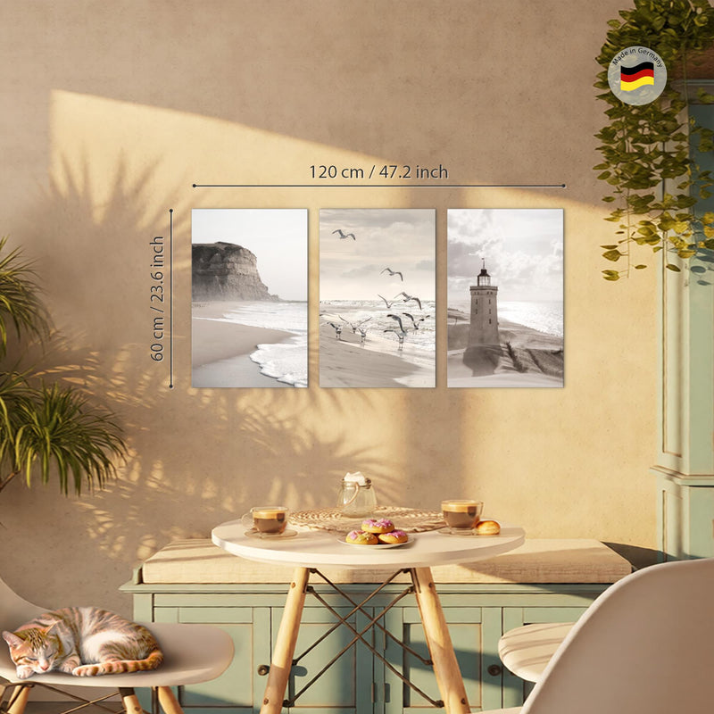 Novart Bilder Set Landschaft - KEIN EXTRA RAHMEN BENÖTIGT - Wandbilder für Wohnzimmer Schlafzimmer Büro - 3 Teilig Deko Küste - N033736a