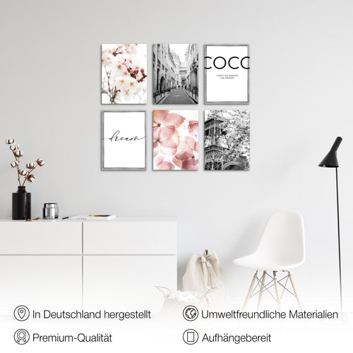 Novart Wandbilder - KEIN EXTRA RAHMEN BENÖTIGT - Wohnzimmer Mädchen Teenager - Bilder Modern Paris - Rosa Blumen - N004965a